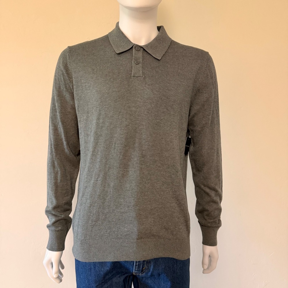 NWT Saks Fifth Avenue Mens Grey Cotton Tencel Long Sleeve Polo‎ Sweater Size L